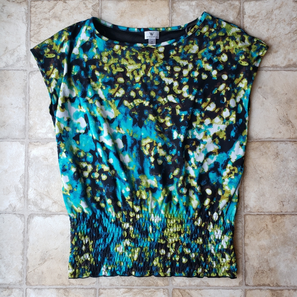 Worthington teal and green short sleeve blouse